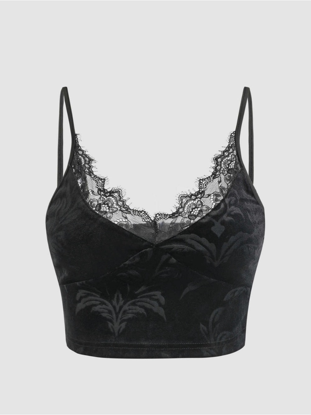3/$25 Lace Trim Velvet Bralette Crop Top - Black